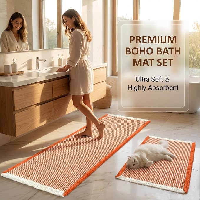 IM HOME Waffle Bath Mat Set 2 Piece Orange & Cream,Woven Modern Bath Rug Mats, Absorbent Non Slip Bath Floor Mat, Soft Washable Boho Bath Rugs with Tassels for Bathroom, Bedroom, Kitchen,Tub