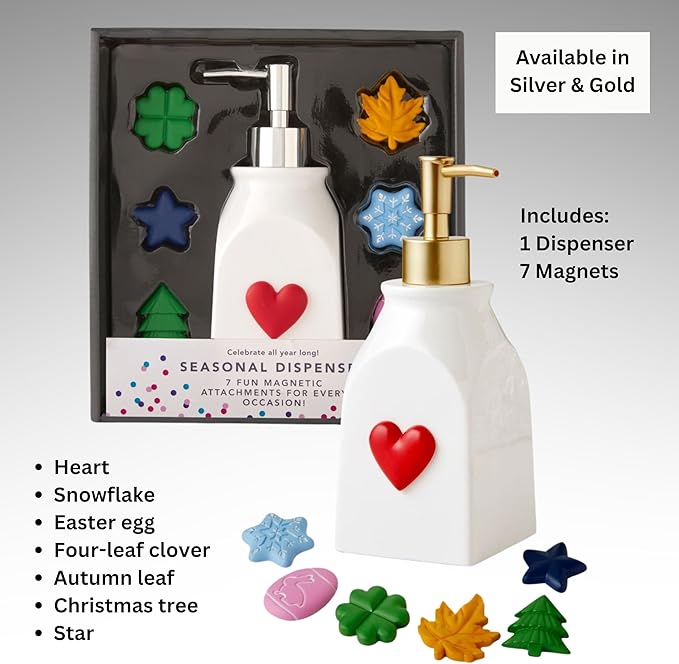 SKL Home Seasonal Soap/Lotion Dispenser Gift Set with 7 Interchangeable Magnetic Holiday Attachments, Refillable for Bathroom & Kitchen, Gold