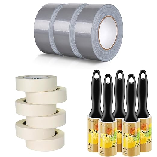 Ultimate Home Essentials Bundle Masking Tape 1.41 Inches Wide 6 Rolls, Silver Grey Duct Tape 3 Roll and Lint Rollers for Pet Hair Extra Sticky 5 Packs Bundle