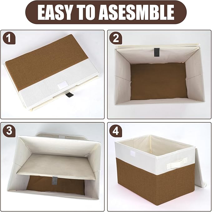 Bagnizer Large 22 Quart Linen Fabric Foldable Storage Bin Cube Organizer Basket with Flip-Top Lid & Handles, Clothes Blanket Box for Home, Office, Closet, Brown & White, 4 Pack 14.6 x 9.5 x 9.5