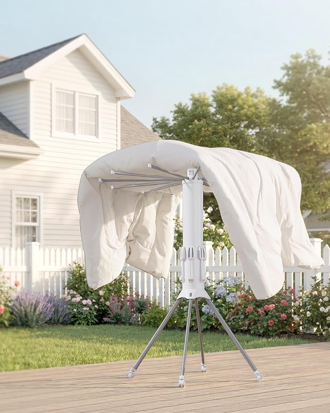 Sakugi Foldable Clothes Drying Rack – Collapsible Laundry Rack with 12 Steel Arms, 4-Leg Stable Base, Reinforced Frame with Clips & Shoe Holders for Indoor Outdoor Use, 44" D x 44" W x 71" H, White