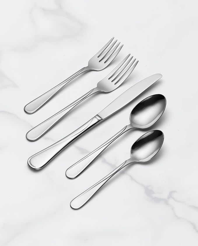 Oneida Silverware Set For 8, Flight 45-Piece Everyday Flatware Set with Serving Utensils, Service For 8, 18/0 Stainless Steel, Dishwasher Safe, Knives Spoons and Forks Set, Dining (Silver, 45 pieces)