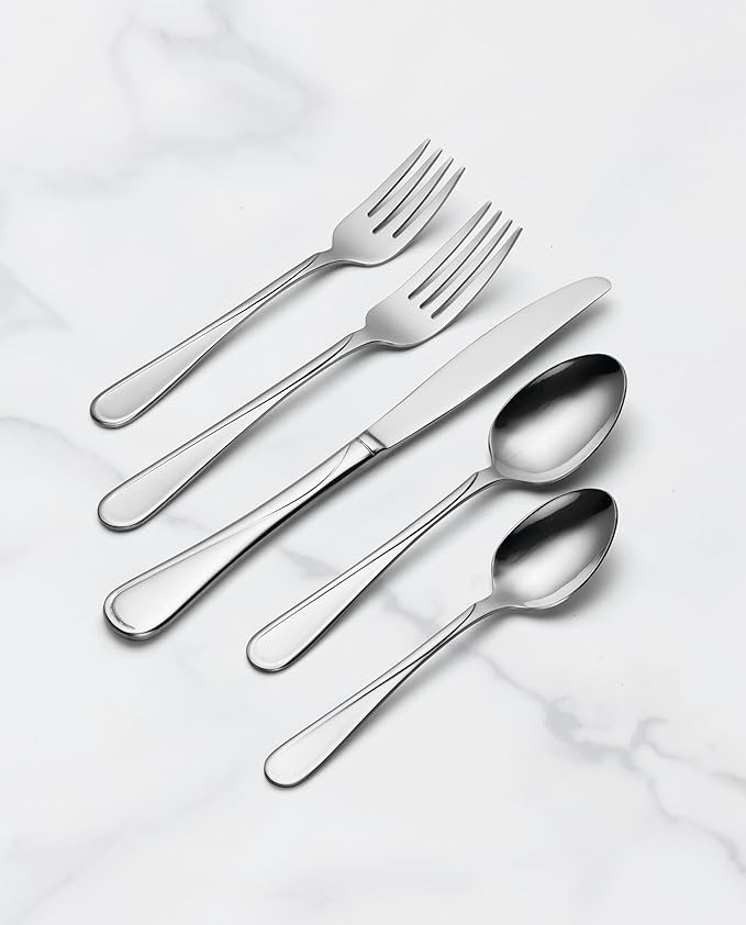 Oneida Silverware Set For 12, Flight 65-Piece Everyday Flatware Set with Serving Utensils, Service For 12, 18/0 Stainless Steel, Mirror Finish, Dishwasher Safe, Light Weight, Dining (Silver, 65 Piece)