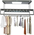 Electric Clothes Airing Rack,Adjustable Ceiling Mounted Smart Control Clothes Airing Rack w/ LED Lighting & 2 Retractable Rods,Vertical Laundry Clothesline w/ 8 Horizontal Rods for Balcony (Gray)