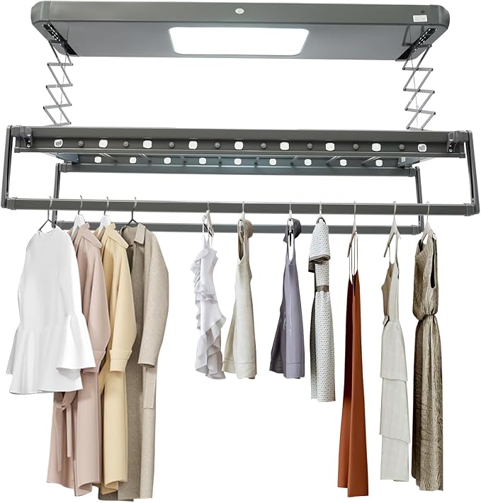 Electric Clothes Airing Rack,Adjustable Ceiling Mounted Smart Control Clothes Airing Rack w/ LED Lighting & 2 Retractable Rods,Vertical Laundry Clothesline w/ 8 Horizontal Rods for Balcony (Gray)