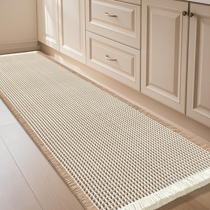 IM HOME Waffle Bath Mat Brown & Cream 5'x2', Boho Woven Modern Bath Mat Rugs, Absorbent Non Slip Bathroom Rugs, Soft Washable Bath Rugs with Tassels for Bathroom, Bedroom, Kitchen, Shower, Tub