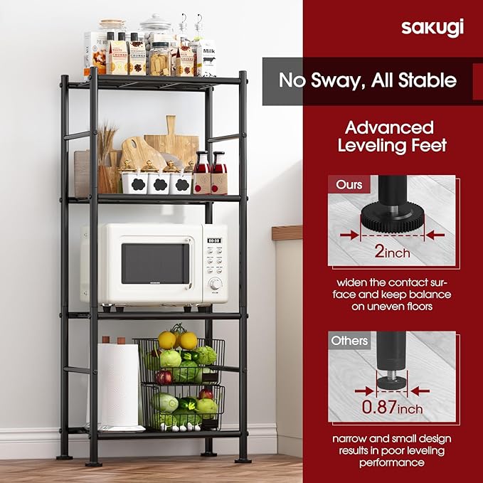 Sakugi Storage Shelves - 4 Tier Shelf Organizer, Heavy Duty Garage Shelving Unit with Leveling Feet, Stable Metal Shelves Organizer for Pantry, Kitchen and Closet, 18.4" W x 12.6" D x 44.2" H, Black
