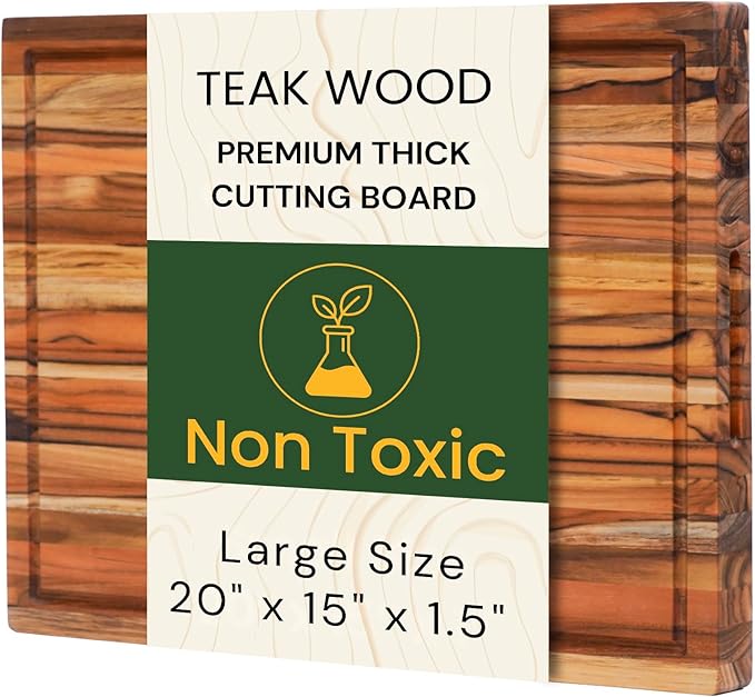 Premium Teak Wood Cutting Board 20×15 Inch, Extra Thick 1.5 Inch Edge Grain Butcher Block for Meat & Carving, Large Wooden Non-toxic Cutting Board with Juice Groove & Handles by New M Way