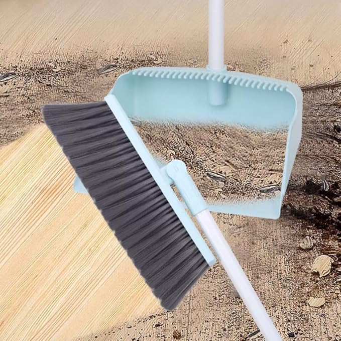 Modern Standing Dustpan and Broom Set for Home Self-Cleaning with Dustpan Teeth and Broom Long Handled Convenient, B Blue 3 Pcs