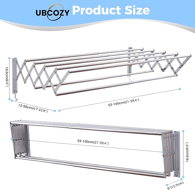 | Clothes Drying Rack Wall Mounted with Hooks - Foldable & Removable Laundry Drying Rack, Extendable 21"-39.4", 110lbs Heavy Duty Drying Rack with 7 Stainless Steel Rods for in & Out Door