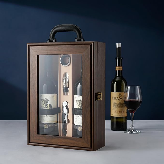 Wine Box, 2 Bottle Top Handle with 3 Accessory Gift for Wedding,Party,Gift,Birthday,Vintage Walnut wood Wine Storage Box for Home Bar Decor,Handmade Premium Carrier Case