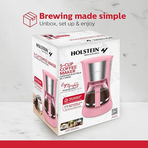 Holstein Housewares 5 Cup Drip Coffee Maker – Compact and User-Friendly with Auto Pause & Serve, Reusable Filter, Measuring Spoon & Glass Carafe, Office & Dorm Use, Pink