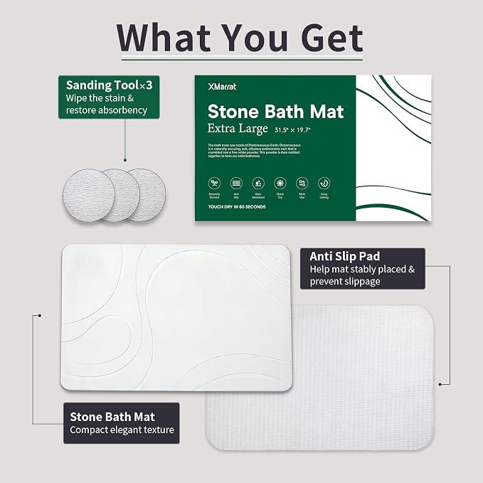 XMarrat Large Stone Bath Mat, 31.5'' x 19.7'' Super Absorbent Diatomaceous Earth Bath Mat Large, Quick Drying Non-Slip Diatomite Stone Bath Mats for Bathroom, Easy to Clean