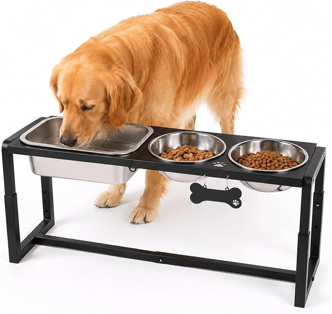 Metal Elevated Dog Bowls for Medium/Large Breed, 3 Adjustable Height(8.8''/11.5''/14'') Raised Dog Bowl Stand with Two 58oz & One 1.2gallons Large Stainless Steel Dog Food Water Bowls