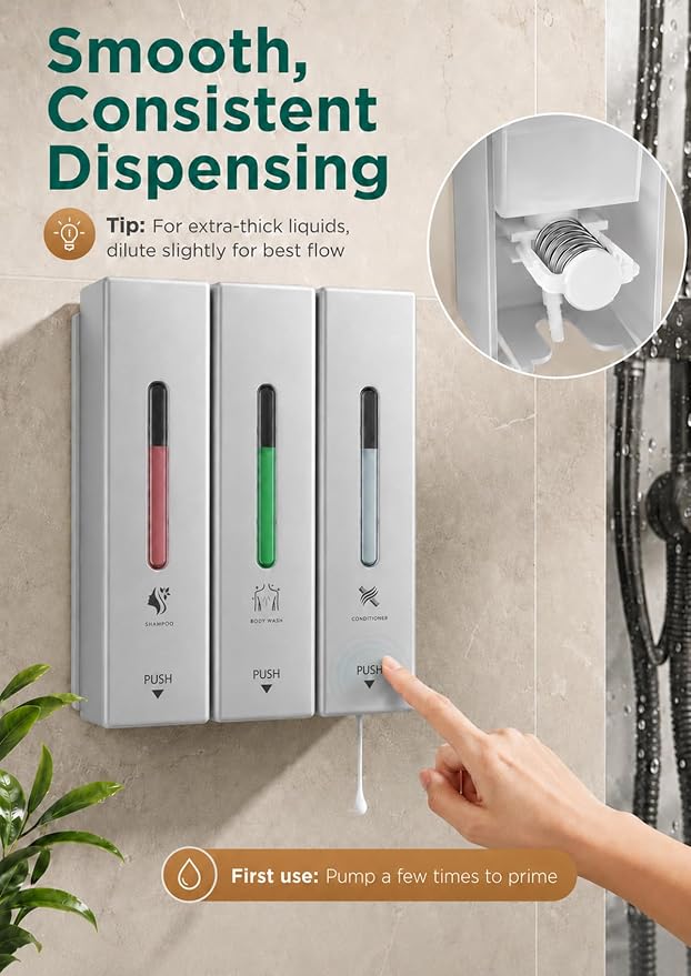 Shampoo and Conditioner Dispenser Wall Mounted, 3-Chamber Shower Soap Dispenser for Bathroom, 1200ML Large Capacity, No-Drill Installation, Clog-Free Pump for Thick Liquids (silver-3-pack)