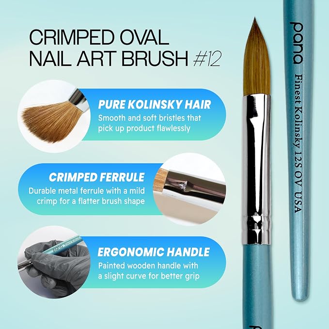 PANA Pure Kolinsky Hair Acrylic Nail Brush - Oval Crimped Teal Wood Handle (Size 12)