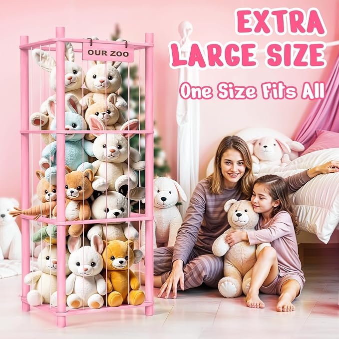 Woodure Stuffed Animal Storage & Organizer, Wooden Cute Zoo Toy Holder for Toddler Rooms, Playrooms & Bedrooms（Pink）