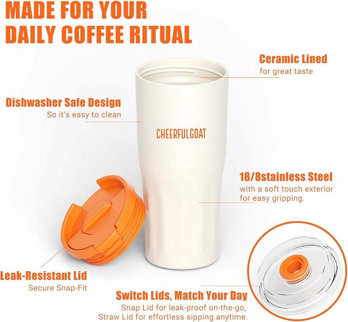 CHEERFUL GOAT Ceramic Lined Coffee Travel Mug – Stainless Steel Travel Coffee Tumbler with Ceramic Liner, with lid, 21 OZ Cup for Hot and Cold Water Coffee at Home, Office, or On the Go (White)