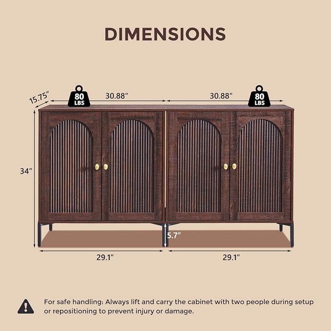 IFGET 61.75" W Modern Arched Sideboard Buffet Cabinet with Storage, Brown | Fluted Arch Sideboard Cabinet w/Adjustable Shelves, Wooden Modular Kitchen Cabinet for Dining& Living Room, Entryway