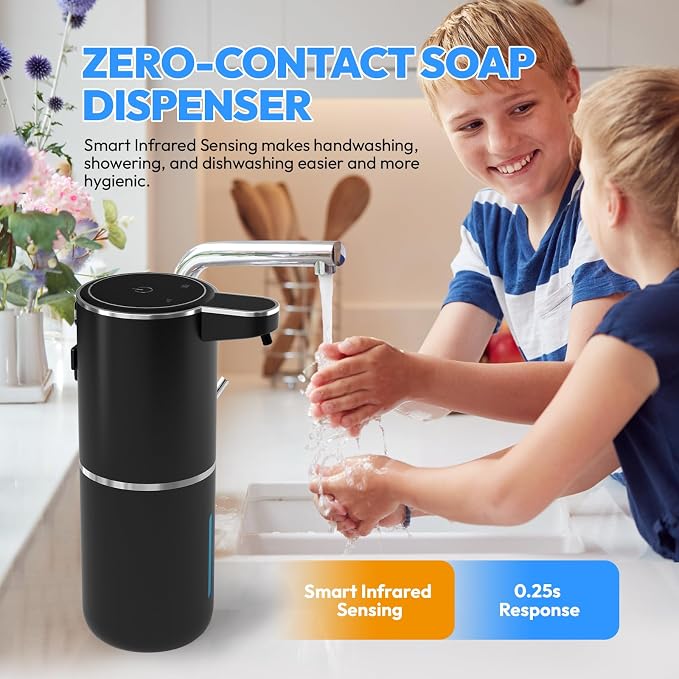2 Pack Automatic Soap Dispenser Touchless,Liquid Hand Soap Dispenser 12.8oz Electric Wall Mounted Smart for Bathroom and Kitchen Dish Soap，Easy for Toddlers(Black)