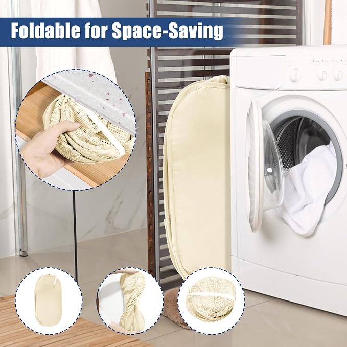 Collapsible Laundry Baskets, Upgrade Pop Up Laundry Hamper with Convenient Bags, Foldable Laundry Basket Mesh Light Weight, Easy to Carry Clothes Hampers for Laundry, Dorm, Toys, Travel Beige
