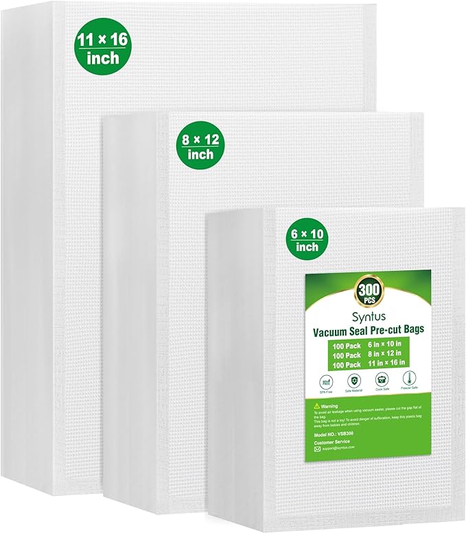 Syntus 300 Pcs Vacuum Sealer Bags for Food, 8x12+11x16+6x10, BPA Free | Precut Bags, 100 Quart + 100 Gallon + 100 Pint, Sous Vide Microwave Freezer, Food Vacuum Storage, For All Vacuum Sealers