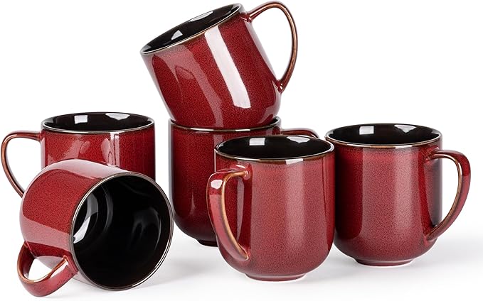 LERATIO Ceramic Coffee Mugs Set of 6,12oz Handmade Coffee Mugs Set | Large Handle for Cappuccino/Latte/Tea/Hot Cocoa,Oven &Dishwasher & Microwave Safe-Red