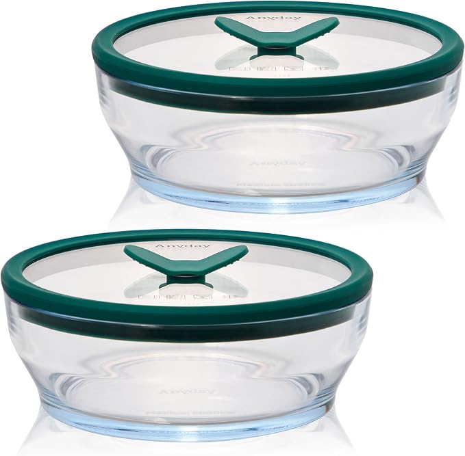 Anyday 2-Pack 4-Cup Shallow Glass Food Storage with Lids (Clear Kale) | Microwave Steamer, Plastic Free Meal Prep, Stackable Airtight Container, Vented Glass Lid for Microwave-Safe Reheating