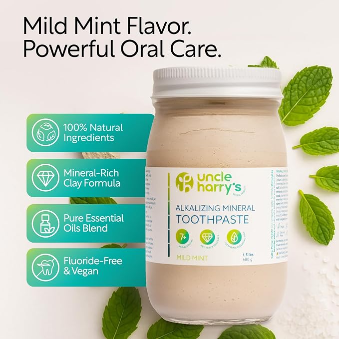 Uncle Harry's Mild Mint Remineralizing Toothpaste 1.5 lbs Jar | Natural Whitening Freshens Breath & Promotes Enamel | Vegan Fluoride Free Toothpaste