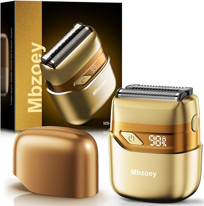 Mbzoey Electric Foil Shavers for Men: IPX7 Waterproof - Light Gold | Mini Razor for Travel- Face Shaver with LED Display & USB-C Fast Charge - Micro-Comb Technology & Precision Blades