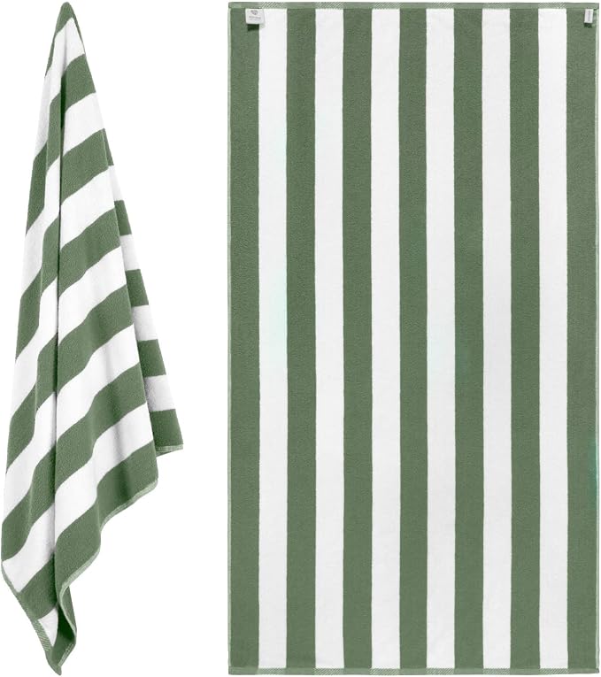 White Classic Beach Towels Oversized Cabana Stripe Cotton Bath Towel Large - Luxury Plush Thick Hotel Swim Pool Towels for Adults Super Absorbent Quick Dry - 35x70 Khaki Green [2 Pack]