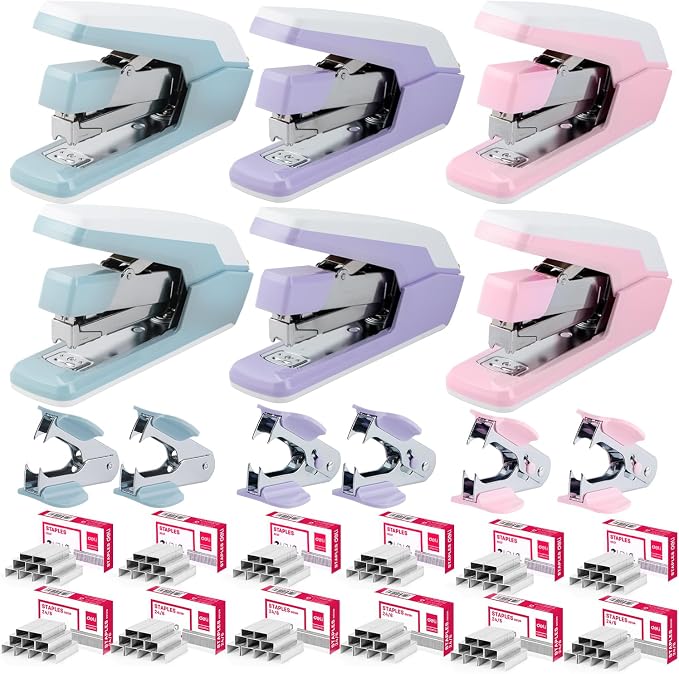 Deli Stapler, Effortless Staplers for Desk, 40-50 Sheet Capacity Heavy Duty, One Touch, No Effort, Easy to Load, with 1500 Staples & Staple Remover, 6 Pack, 3 Colors