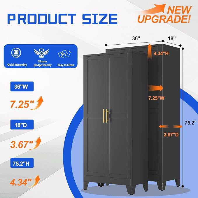GAIOUS 75.2" Tall Metal Storage Cabinet, Kitchen Pantry Cabinet Black | Food Storage, Kitchen Organizer, Freestanding Cupboard with 2 Doors and 5 Adjustable Shelves, 6 Tier, Steel,for Office Dining