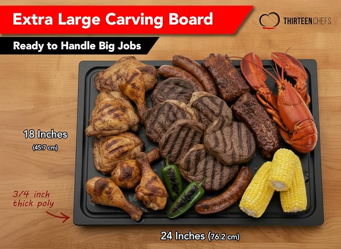 Thirteen Chefs Professional 24 x 18 Grooved Cutting Board for Grilling, BBQ, Carving and Meats - Extra Large, 3/4" Thick Commercial Grade HDPE Plastic, NSF Stamped