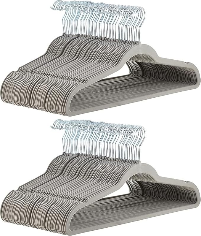 Amazon Basics Slim Velvet Non-Slip Space Saving Suit Clothes Hangers for Closet Organization, Gray/Silver, 100-Pack