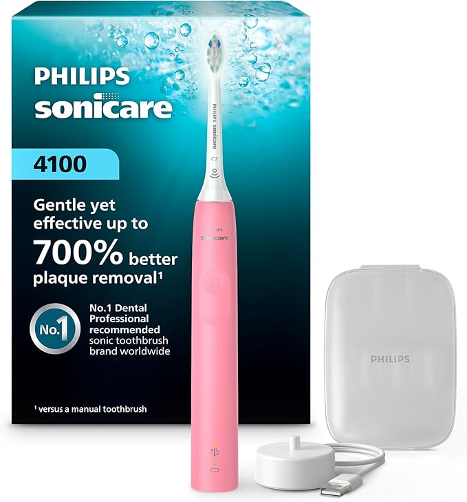 Philips Sonicare 4100 Rechargeable Electric Toothbrush, Advanced Plaque Removal, Pressure Sensor, Includes Brush Head Case, Deep Pink BD5004AZ