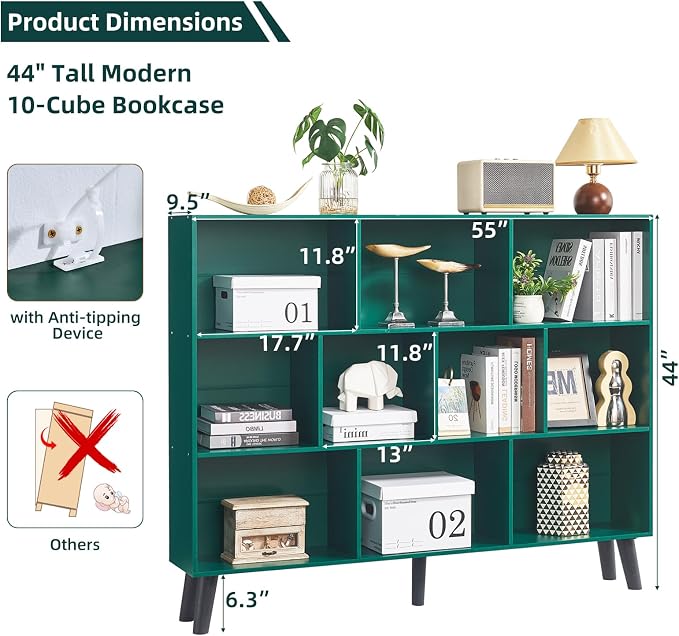 LEYAOYAO 10 Cube Bookshelf,Mid-Century Modern Bookcase with Legs,Dark Green | 3 Tier Book Shelf, 55" Wide Rustic Wood Bookshelves Large Storage Organizer, Open Shelves for Bedroom, Living Room, Office