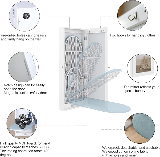 Slim White 180° Swivel Ironing Board Cabinet with Mirror Door | 3.8''W|Assembles in 15 Minutes|2 Clothes Hooks|Magnetic Door|Space‑Saving Hidden Design
