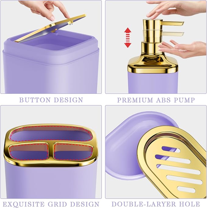 XLHOMO Bathroom Accessory Set - 24PCS Luxury Bathroom Accessories Set, Bathroom Sets with Shower Curtain and Rugs, Purple Bathroom Set with Trash Can, Toothbrush Holder & Soap Dispenser for Home Decor