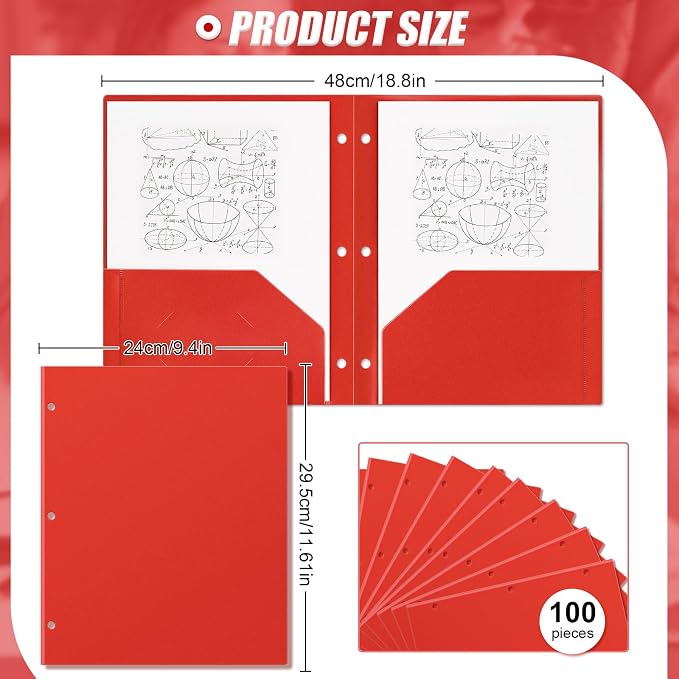 Yeaqee 100 Pcs Plastic Folders with Pockets Bulk 3 Hole Punched 2 Pocket File Folders for 3 Ring Binder Divider Folder for Notebooks, Durable Poly for Office Home (Red)
