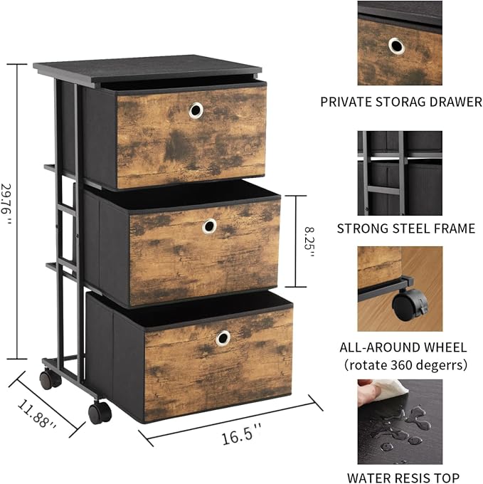 MAX Houser Dresser Storage with 3 Drawers, Fabric Tower Nightstand, Chest of Drawers,Vertical Storage Unit Organizer for Closets,Bedroom,Dorm, Wood Top, Rustic Brown Wood Grain Print
