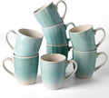 famiware Coffee Mugs Set, 13 oz Mug Set of 8, Stoneware Cups for Latte, Hot Tea, Mocha, Cocoa, Cappuccino, Microwave and Dishwasher Safe, Glacier Series, Aqua
