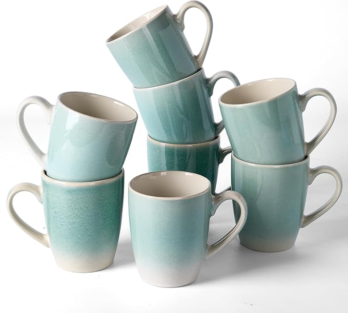 famiware Coffee Mugs Set, 13 oz Mug Set of 8, Stoneware Cups for Latte, Hot Tea, Mocha, Cocoa, Cappuccino, Microwave and Dishwasher Safe, Glacier Series, Aqua