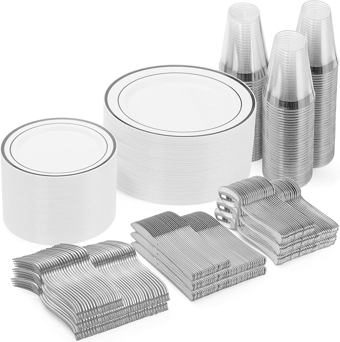 Goodluck 420Pieces silver Disposable Plates for 70 Guests, Plastic Plates for Party, Dinnerware Set of 70 Dinner and 70 Dessert Plates, 70 Spoons, 70 Forks, 70 Knives, 70 Cups