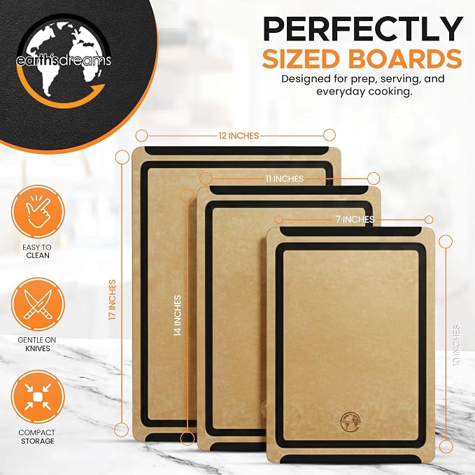 Earth's Dreams Composite Wood Cutting Board Set of 3, Built In Juice Groove | Dishwasher Safe,Non-Toxic, Cutting Boards for Kitchen – Large, Medium & Small Non-Slip Wood Charcuterie & Chopping Boards