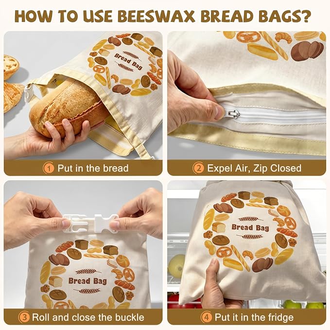 Large Linen Beeswax Bread Bags(2 Pack) Sourdough Bread Bags Reusable Double-Lock Freezer Baking Container Gift Giving for Homemade,Loaf,Sourdough,Food Storage (Bread Wreath Print)