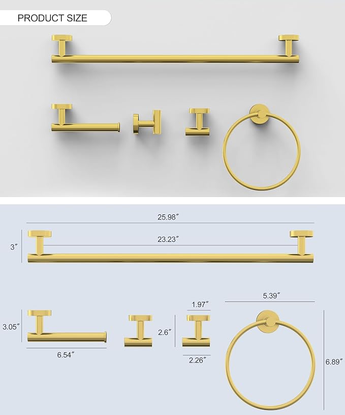 5 Pcs Brushed Gold Bathroom Accessories Hardware Set SUS304 Stainless Steel 26 Inch Towel Rack and Toilet Paper Holder Set Bath Towel Bar Set Wall Mounted for Bathroom Kitchen by HOMEMYSTIQUE