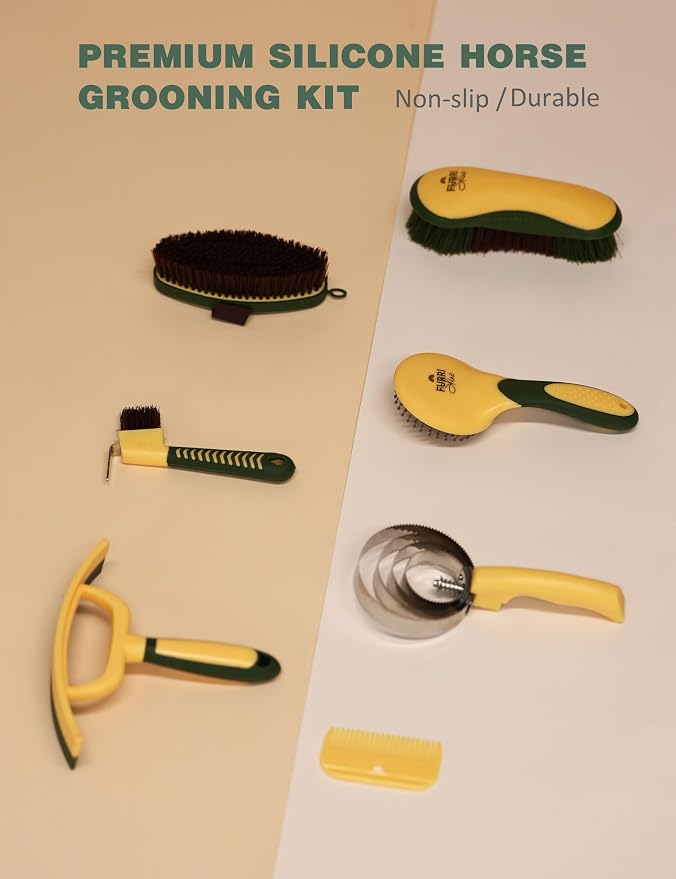 Horse Grooming Kit, 9 Piece Grooming Brush Set with Silicone Curry Comb for Bathing & Shedding Pasture Glow