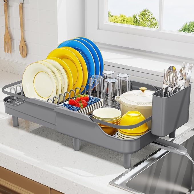 Urackify Expandable Dish Drying Rack for Small Kitchen Counter, Matte Grey | Adjustable Capacity, Self-Draining Drainboard, Heavy-Duty Steel Frame, Stable Plate Rack, Fits Most Sinks