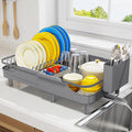 Urackify Expandable Dish Drying Rack for Small Kitchen Counter, Matte Grey | Adjustable Capacity, Self-Draining Drainboard, Heavy-Duty Steel Frame, Stable Plate Rack, Fits Most Sinks